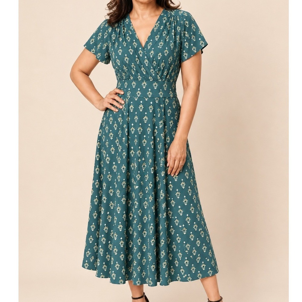 Karina Margaret Dress Teal Block Print Floral Faux Wrap Midi Short Sleeve XXL